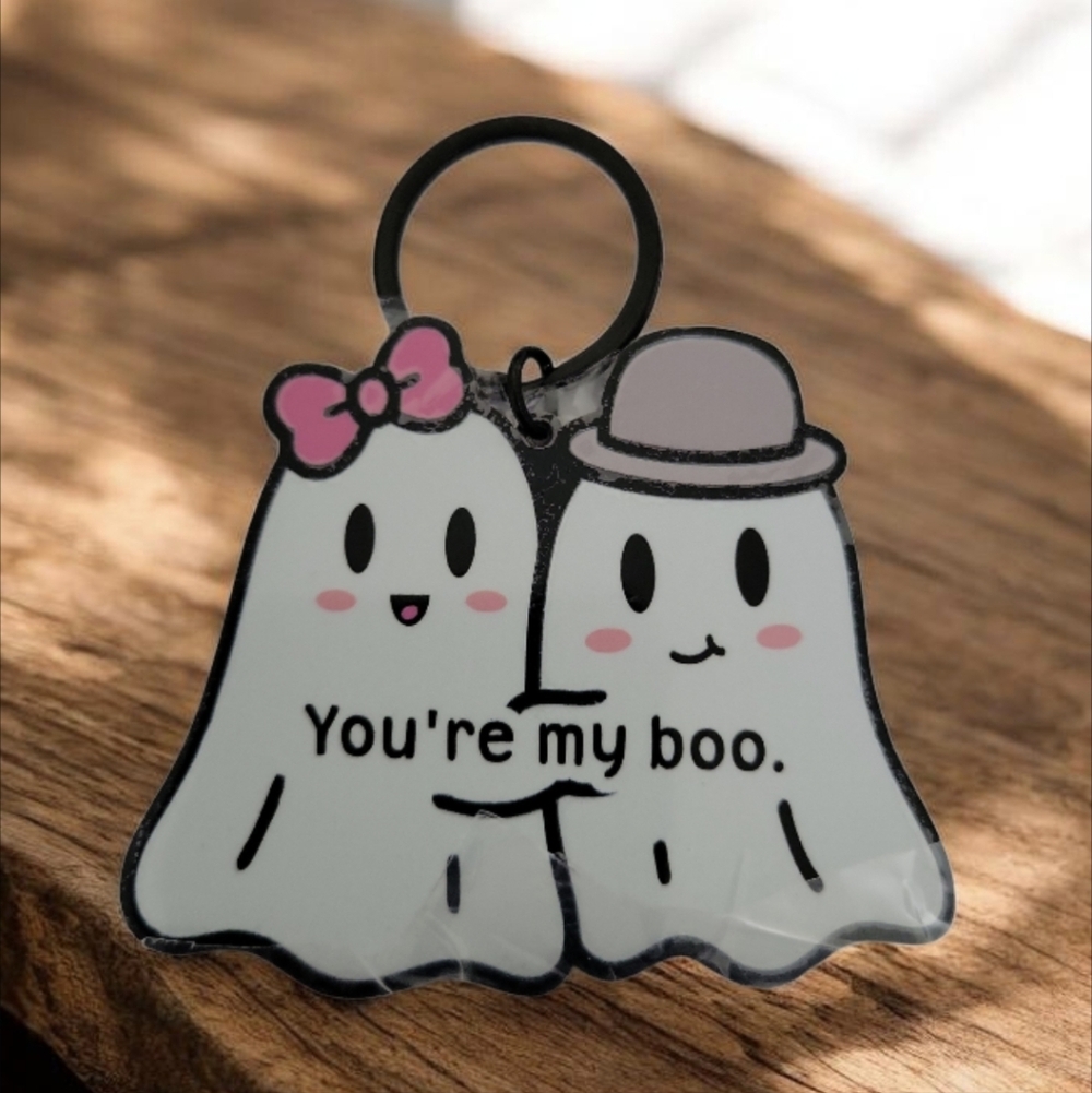 Bag Charm Keyring with Pink and Gray You're My Boo with Box NEW - Picture 4 of 4